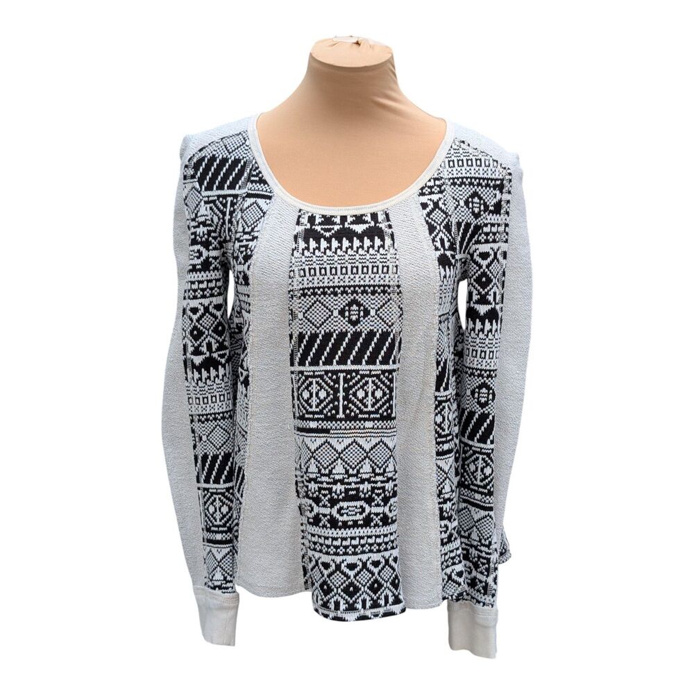 Anthropologie Lilka Womens Jacquard Boho Tunic Sweater Top Black White Small